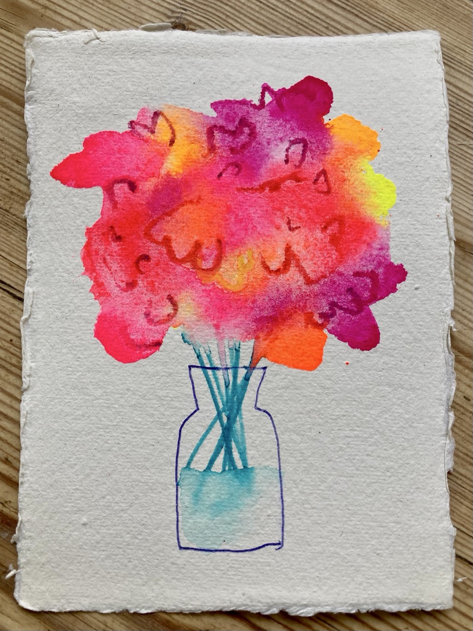 Close-up of a painting, showing brightly coloured flowers in a vase.