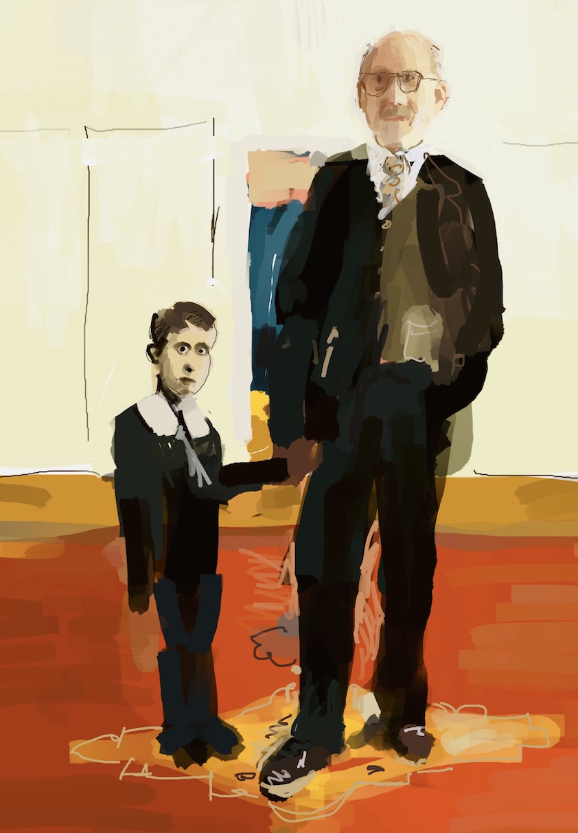 Saul Steinberg standing beside a life-sized paper cutout of himself as a boy.