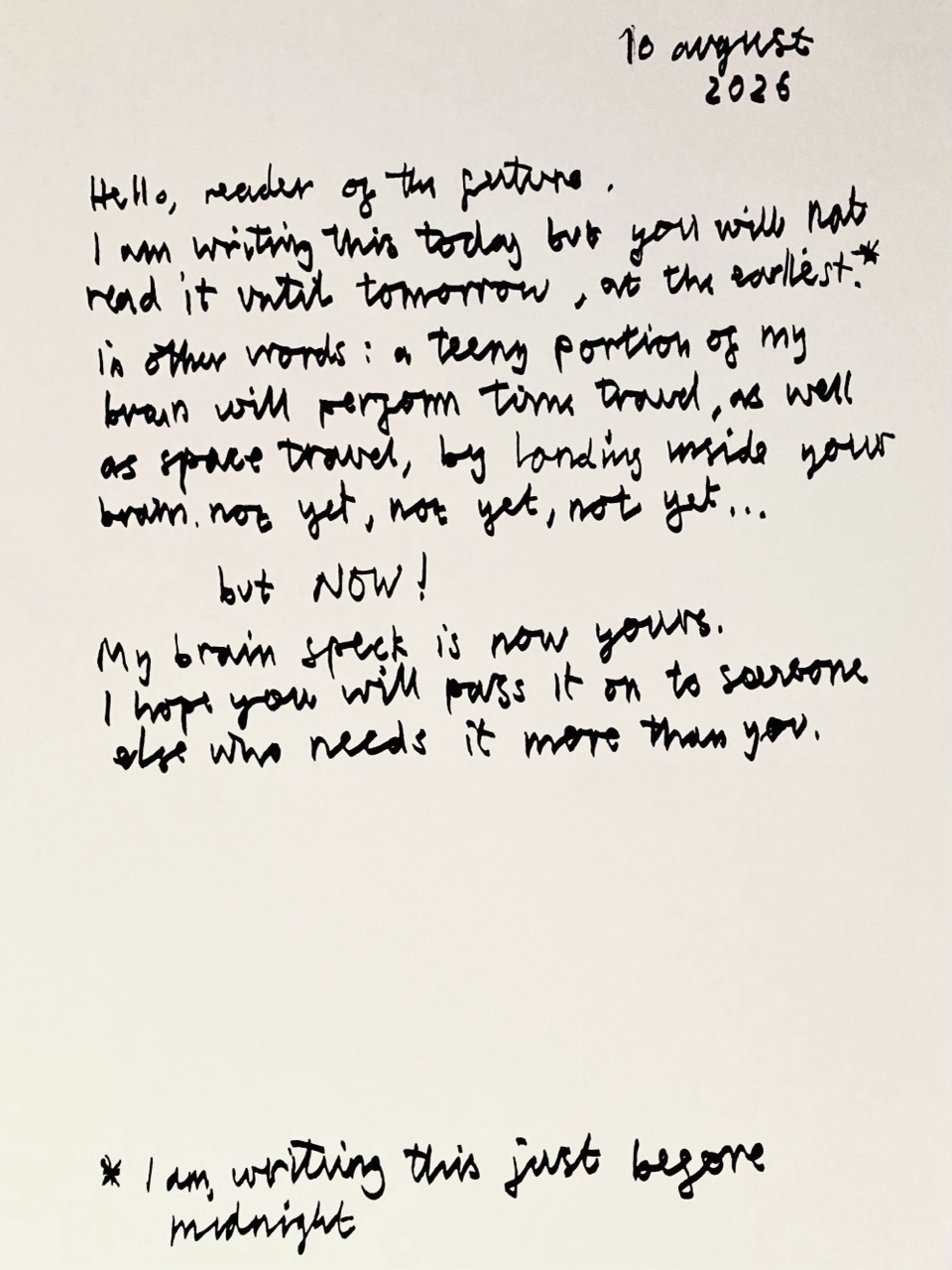 A photo of handwriting on lined paper, "Hello, reader of the future...".