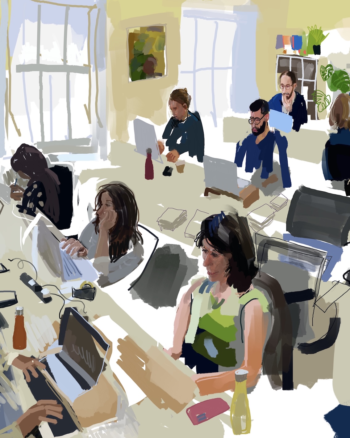Detail from a picture of the office at Pushkin Press, showing people working at rows of desks