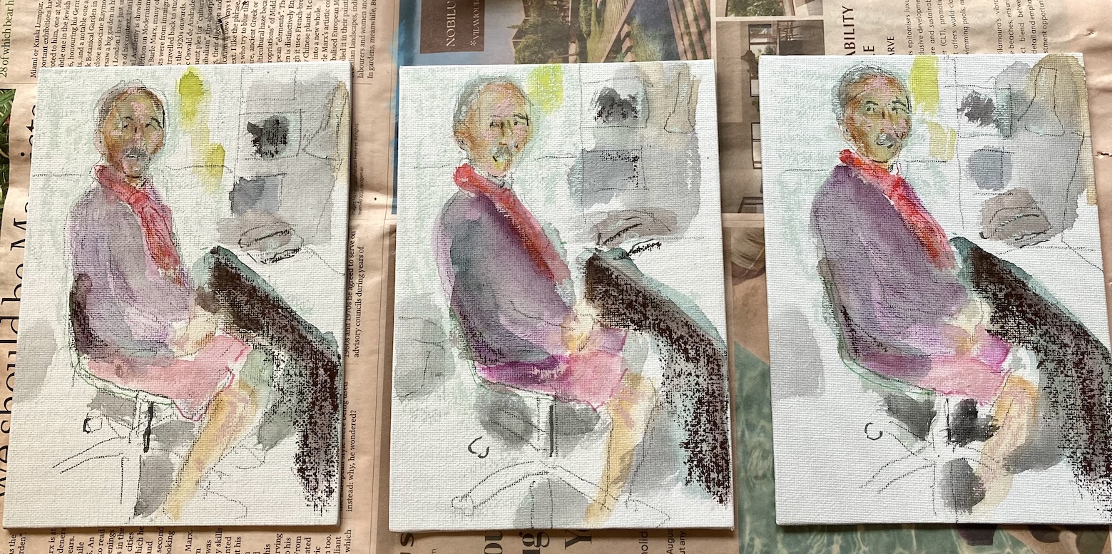 Three small mixed-media studies on canvas boards laid out on newspaper, each showing Hunter Davies seated in his office chair in a purple top with a red scarf, colours experimented with across the three versions in watercolour and pencil.