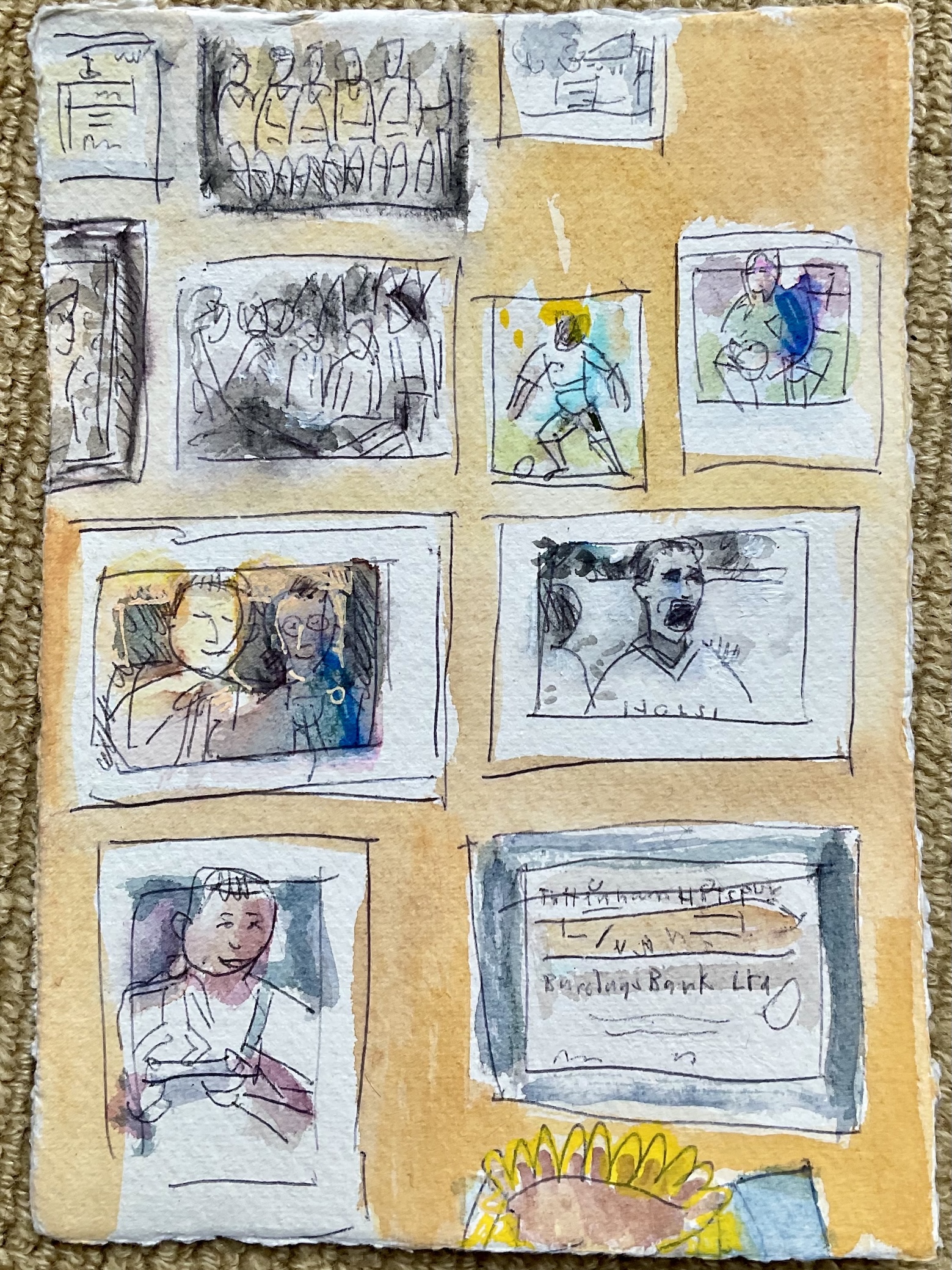 Loose A5 sketch in biro and ink wash showing photos on a yellow wall.