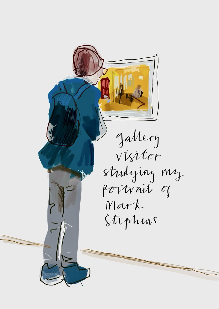 Drawing of a man with a woolly hat and rucksack peering at a picture in a gallery.