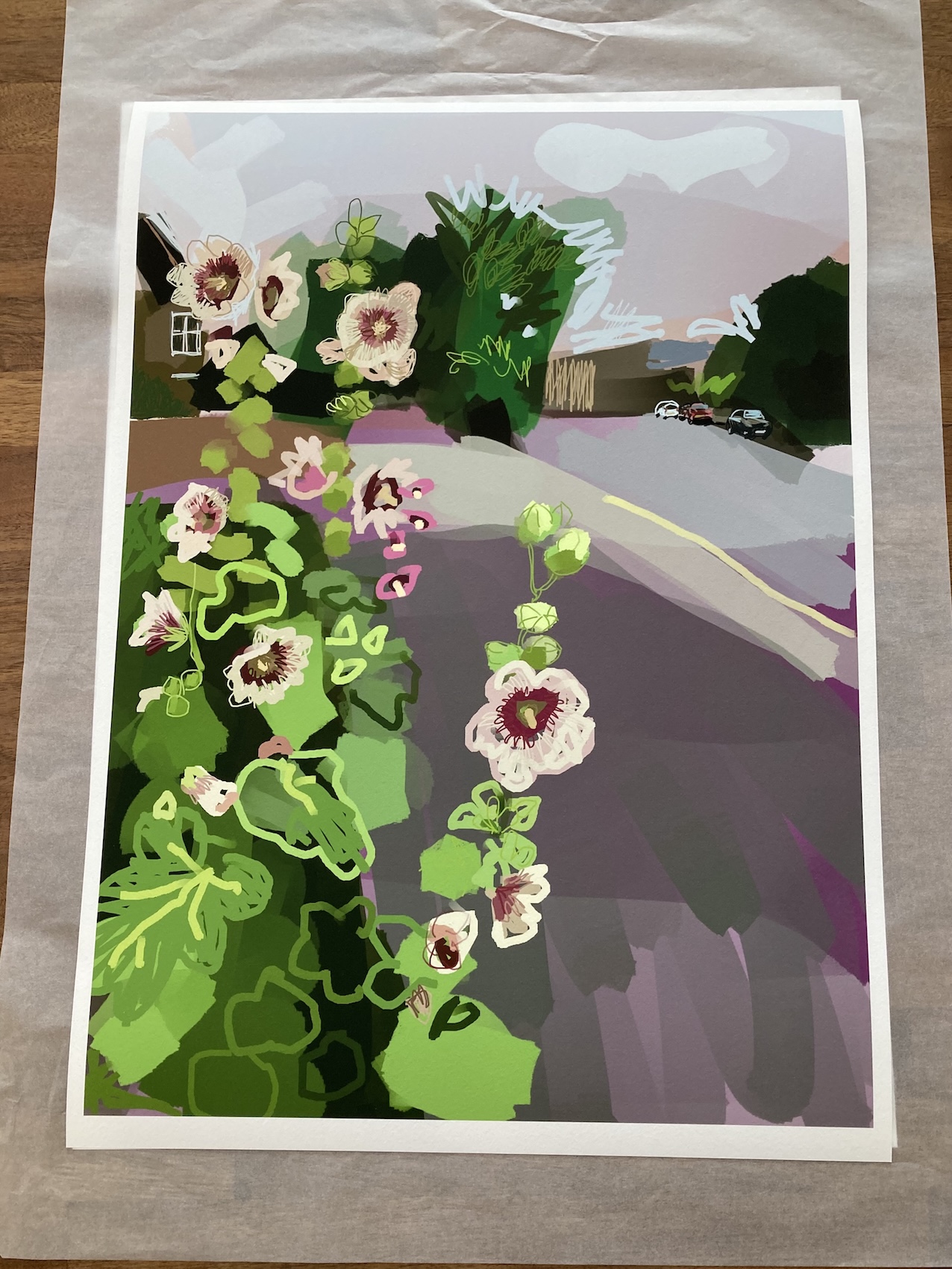A2 Print of Hollyhocks of Lyndale Avenue, on tissue paper.jpeg
