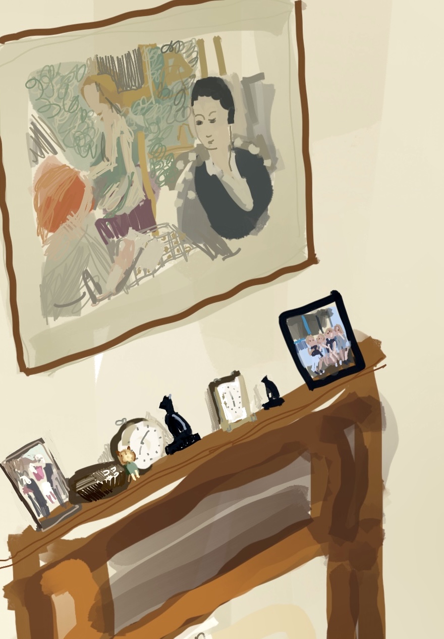 drawing of a framed artwork above the mantelpiece. Objects on the shelf include photos.