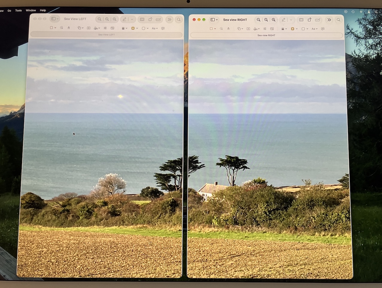 The same sea view as two tall pictures side by side, one titled Sea view LEFT and one Sea view RIGHT The same sea view as two tall pictures side by side, one titled Sea view LEFT and one Sea view RIGHT