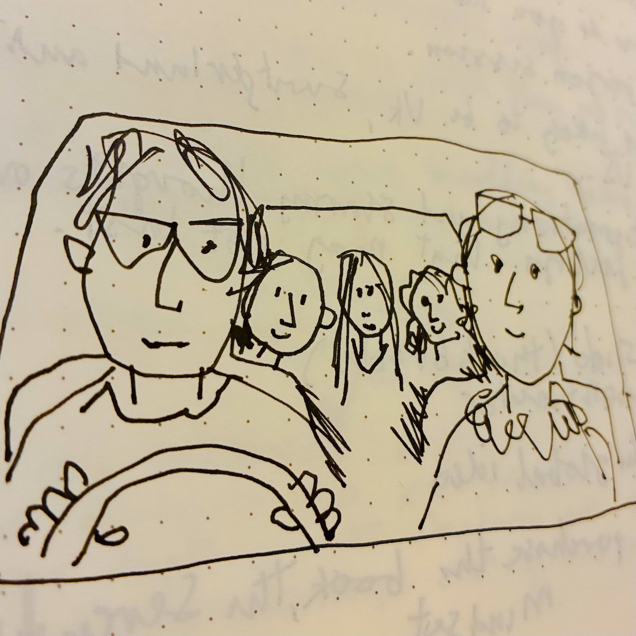 Line drawing of a man in glasses driving a car, as if photographed from outside the windshield, with three people sitting at the back and one in the front passenger seat
