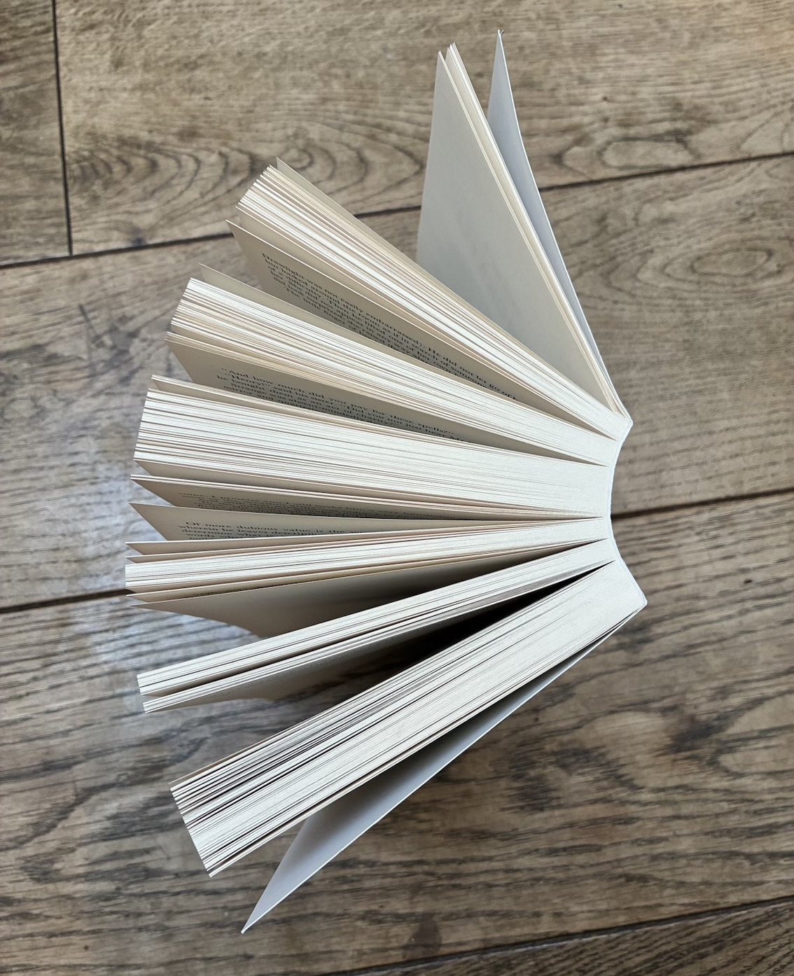 Photo from above of a fat book with gaps where the spine has been bent forcefully.