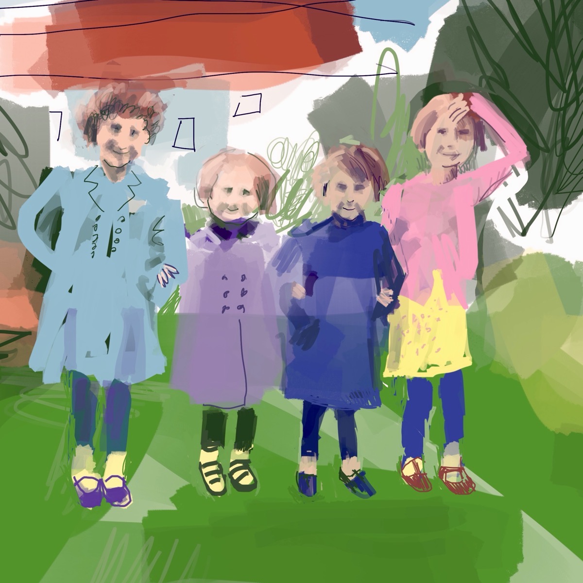 Drawing by John-Paul Flintoff from a photo sent by someone on his free photo course: four children in a row on grass, in front of a white building with a red roof. From the left, a child in a pale blue coat with a hand on one hip, a smaller child in a lilac coat, a child in a dark blue coat, and a child in a pink top and yellow skirt with a hand raised to the forehead.