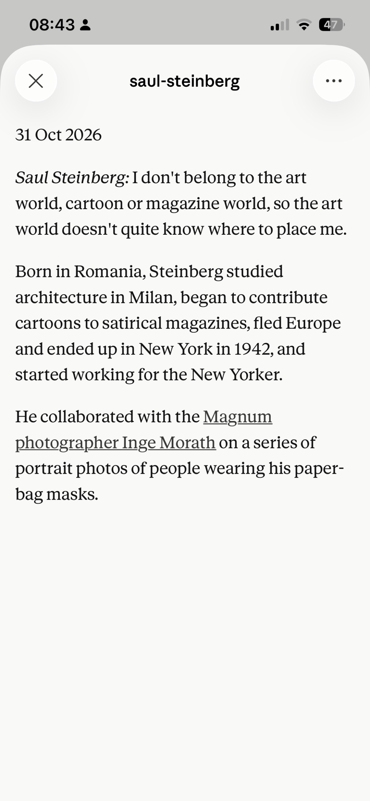A phone screenshot of the same text rendered as a clean page, Saul Steinberg in italics and the Inge Morath link underlined