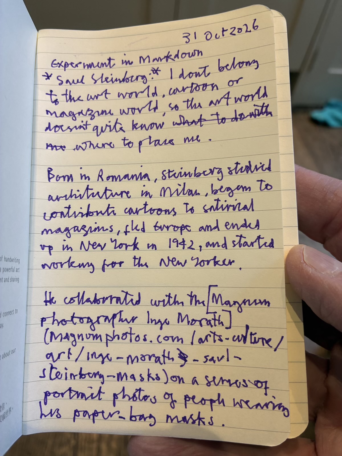 A handwritten notebook page dated 31 Oct 2026, headed Experiment in Markdown, with notes on Saul Steinberg and a Markdown link written out in full in purple ink