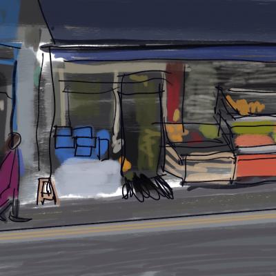 Hazy drawing of roadside fruit shop with blue awning, stacked crates outside with bright stripes of colour depicting different fruits, smudged interior, person walking by with a shopping trolley. (Alt Text courtesy of NJ.)