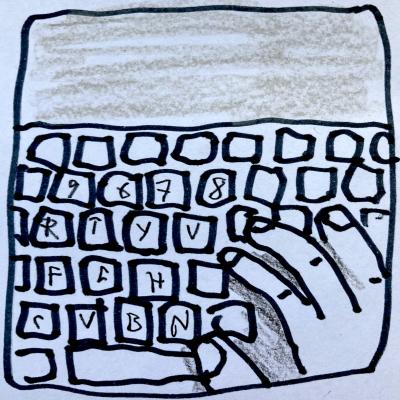 Sketched hand on keyboard, with some letters and numbers indicated, others blank