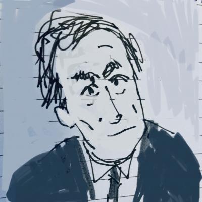 Rough sketch of caucasian man wearing tie, looking tired and serious