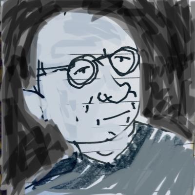 Rough sketch of bald white man with glasses and wrinkly face, looking right