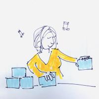 A woman happily processing identical parcels, with music on