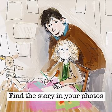 My drawing of a photo of me leaning over my daughter Nancy as she draws, with the words Find the story in your photos.jpeg