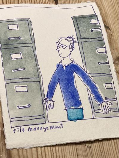 Drawing of a figure standing between vast files, lookign puzzled.