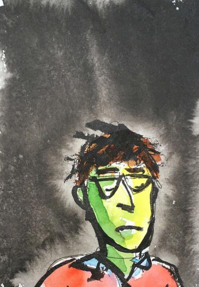 expressive, rough drawing of a downcast Speccy Man, his face yellow and green, against a black background