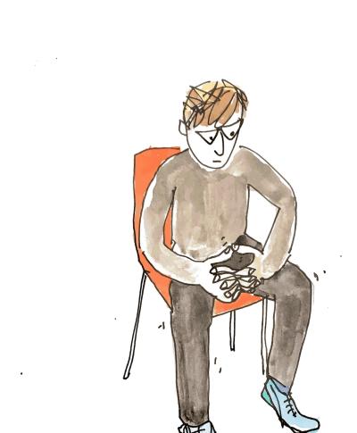 drawing of a seated Speccy Man, ruminating and fidgeting in a chair