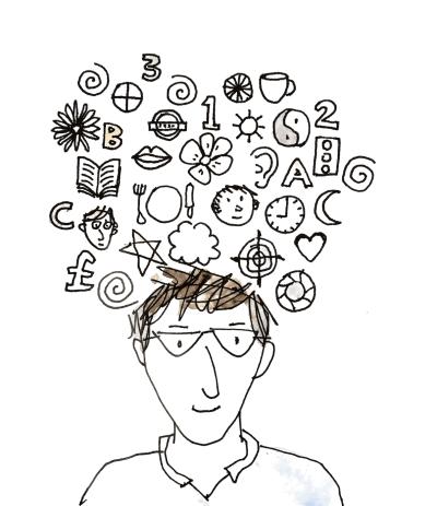 Speccy Man, smiling, with a cloud of interesting little symbols around his head