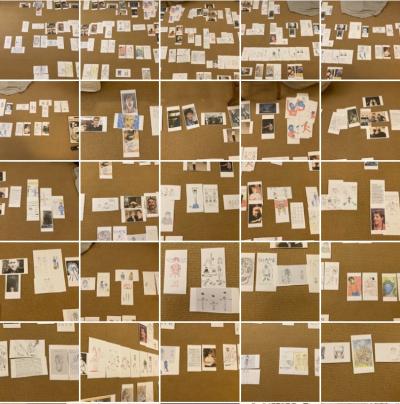 Grid of photos showing a variety of papers, including pictures, spread out in clusters all over a carpet.