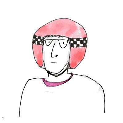 Drawing of the Speccy Man in a scarlet crash helmet, looking solemn.